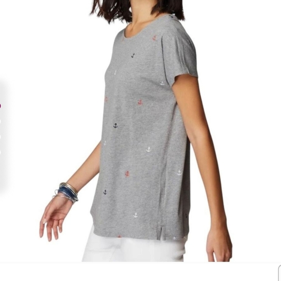 J Jill Women's Size Large Gray Anchor Embroidered Short Sleeve Boxy Nautical Tee - Picture 1 of 16